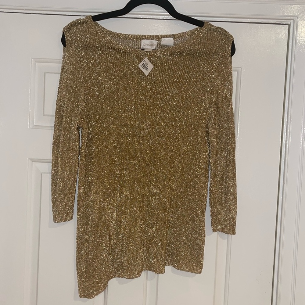 New Chicos cold shoulder asymmetrical hem gold metallic sweater